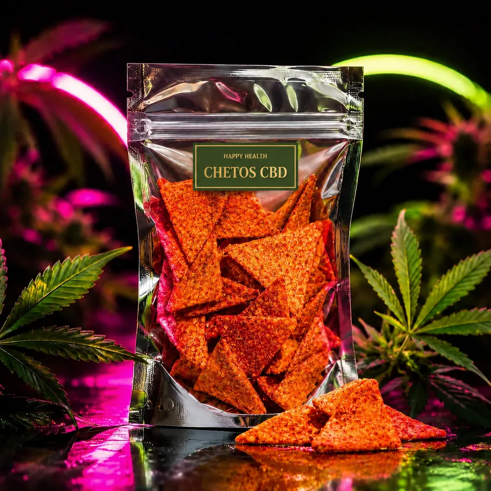 Chetos CBD -- botana con CBD, presentación Happy Health