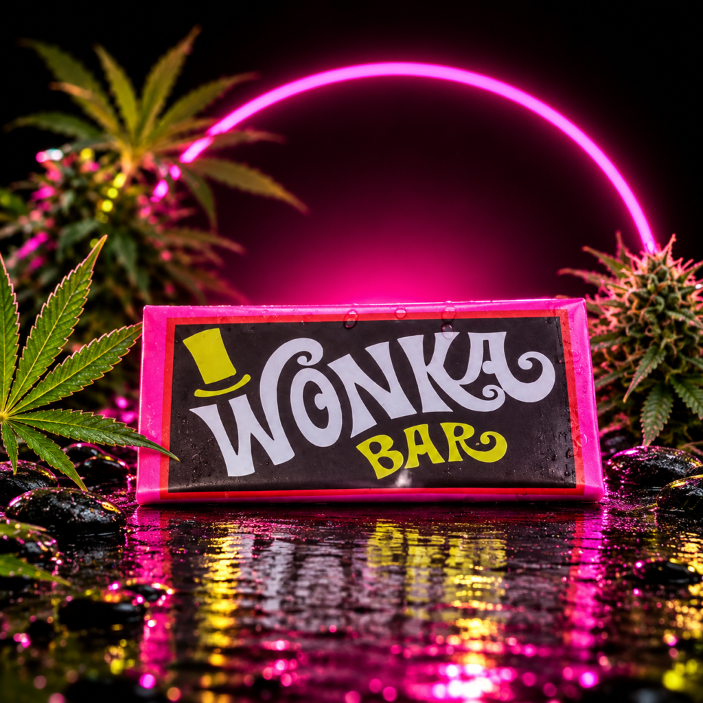 Barra Wonka de cannabis con hojas y arco neon rosa, Happy Health