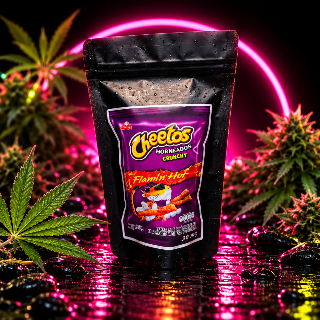 Bolsa de Chetos de cannabis con hojas y arco neon rosa, Happy Health