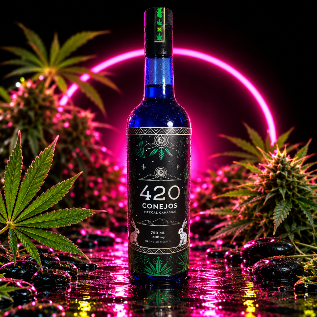Botella de mezcal 420 Conejos con CBD, hojas de cannabis y arco neon rosa, Happy Health