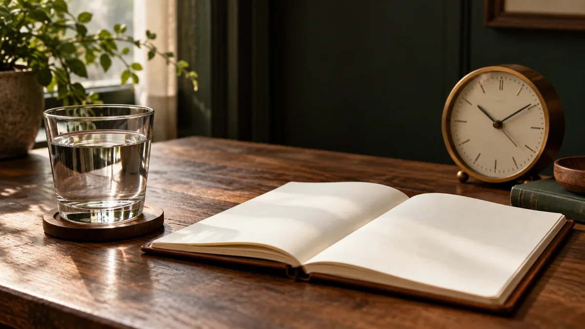 Vaso de agua y libreta en calma: cómo calmar los nervios
