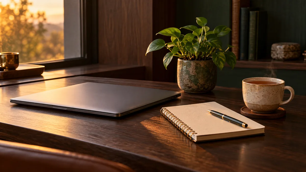 Escritorio ordenado con té para el estrés laboral