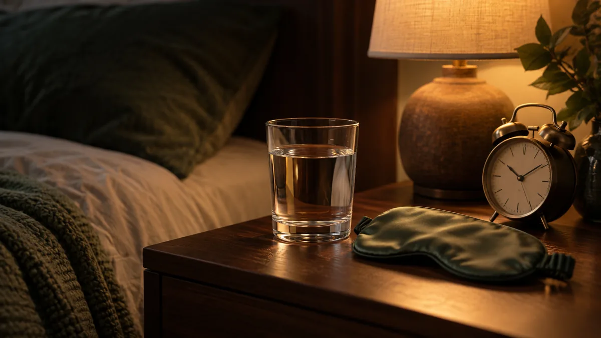 Antifaz y vaso de agua en la mesita de noche: melatonina para qué sirve